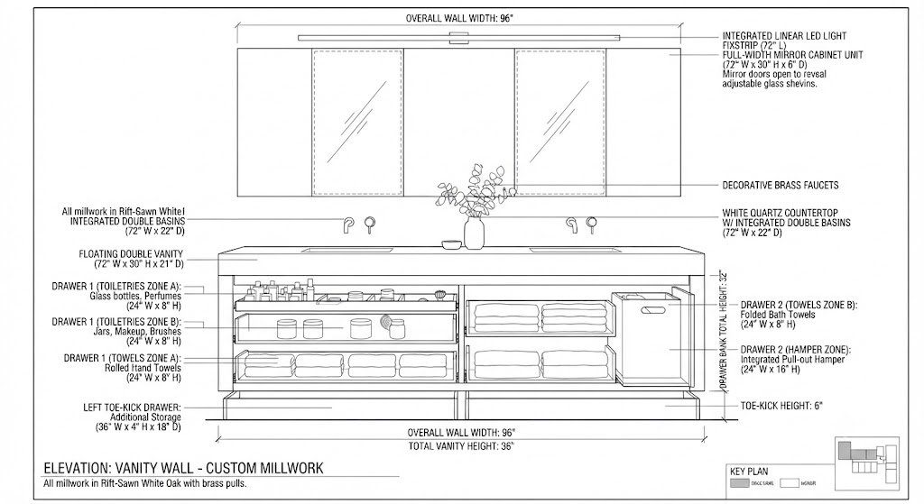 Elevation drawing of full-wall bathroom vanity with mirror cabinet, deep drawers, and toe-kick drawers