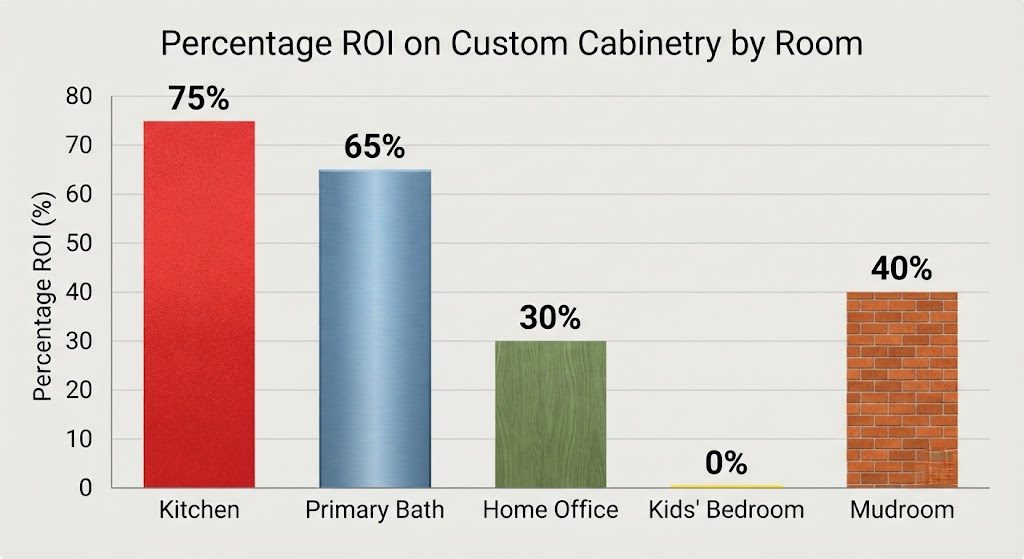 Bar chart showing custom cabinetry ROI percentage by room