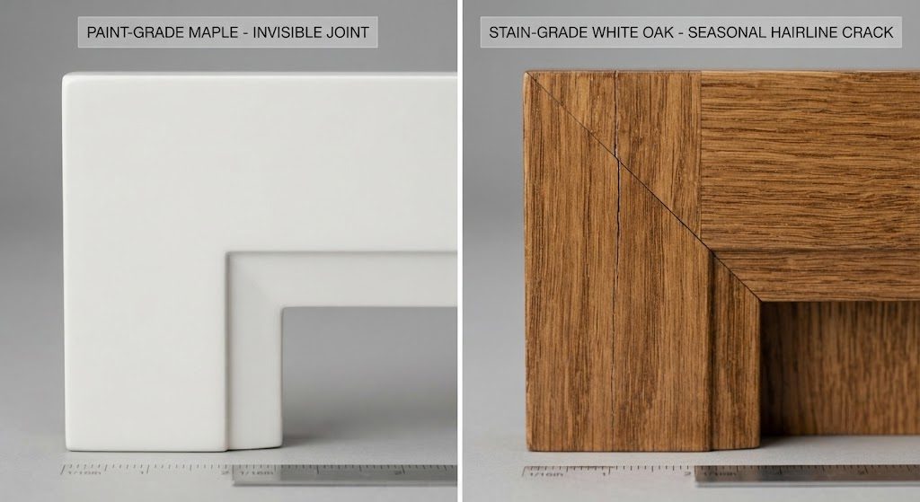 Paint-grade hides joints, stain-grade reveals wood movement Comparison of paint-grade and stain-grade cabinet door joints showing seasonal movement