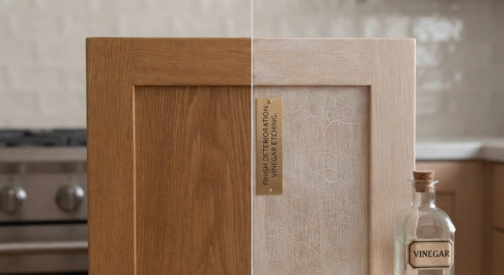 Comparison of clean cabinet door and door damaged by vinegar cleaning