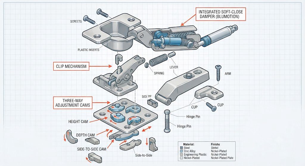 Anatomy of a 200,000-cycle cabinet hinge Exploded diagram of a Blum Clip-Top hinge with soft-close damper