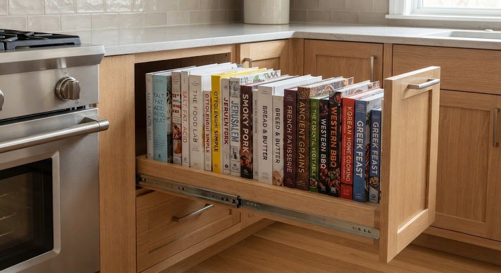  Pull-out cookbook shelf at counter height holding multiple hardcover cookbooks