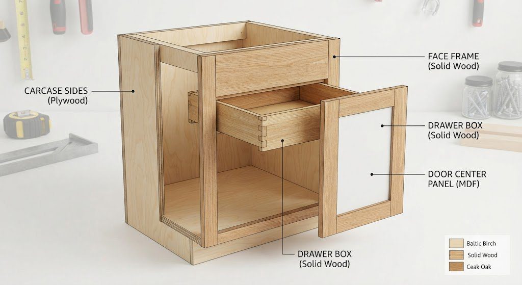 Correct material placement in a custom cabinet Cutaway diagram of a base cabinet with material labels for plywood, MDF, and solid wood