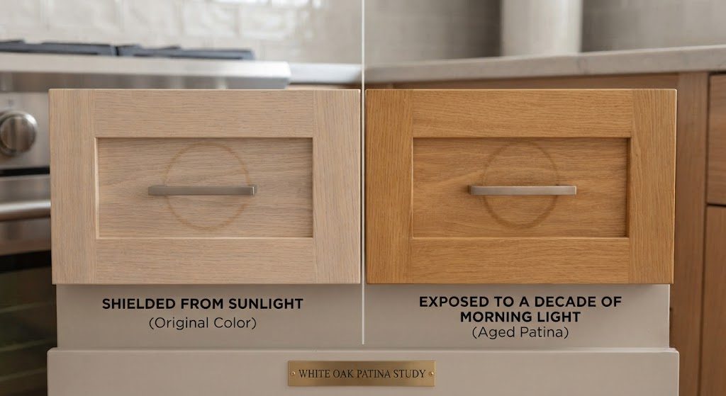 Comparison of drawer fronts after ten years showing UV fading and handle-area wear