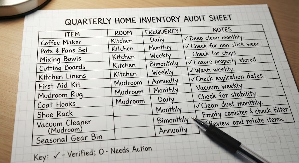 Hand-drawn storage audit sheet with frequency and location columns