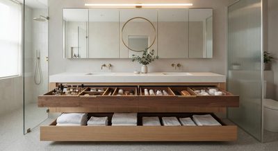  Case Study: A Bathroom Vanity Wall That Stores Everything — Towels, Toiletries, a Hamper, and a Hair Dryer