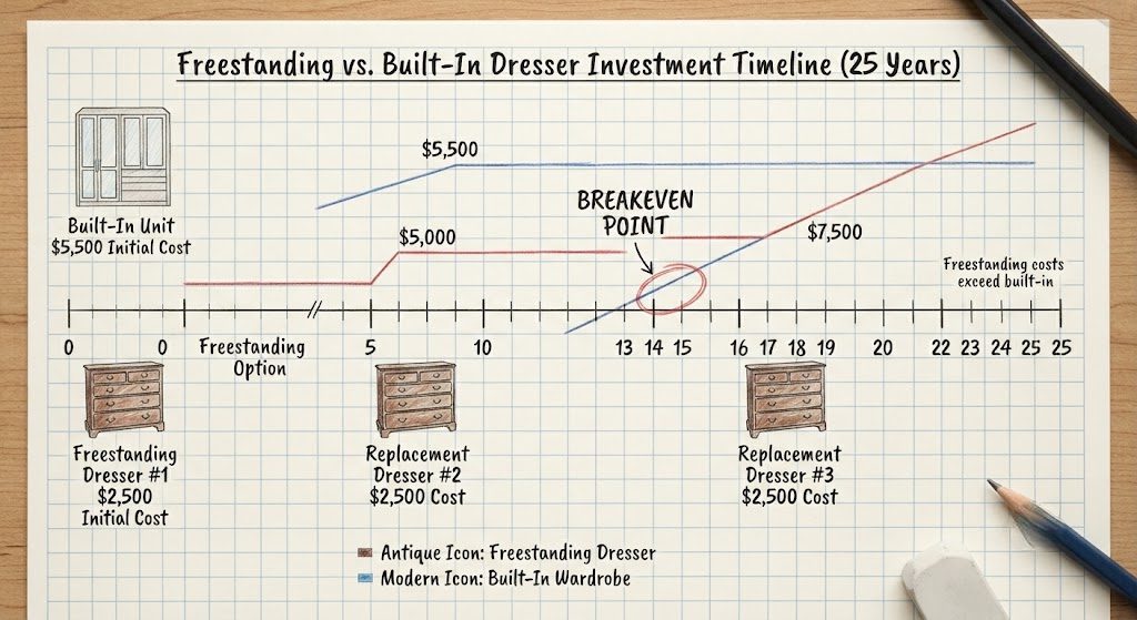  Hand-drawn timeline comparing built-in and freestanding furniture costs over 25 years