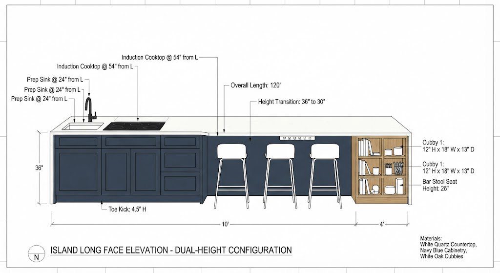 Elevation drawing of triple-duty kitchen island with prep, pantry, and homework zones