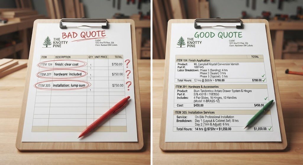 Comparison of vague cabinet quote versus detailed cabinet quote with red flags highlighted