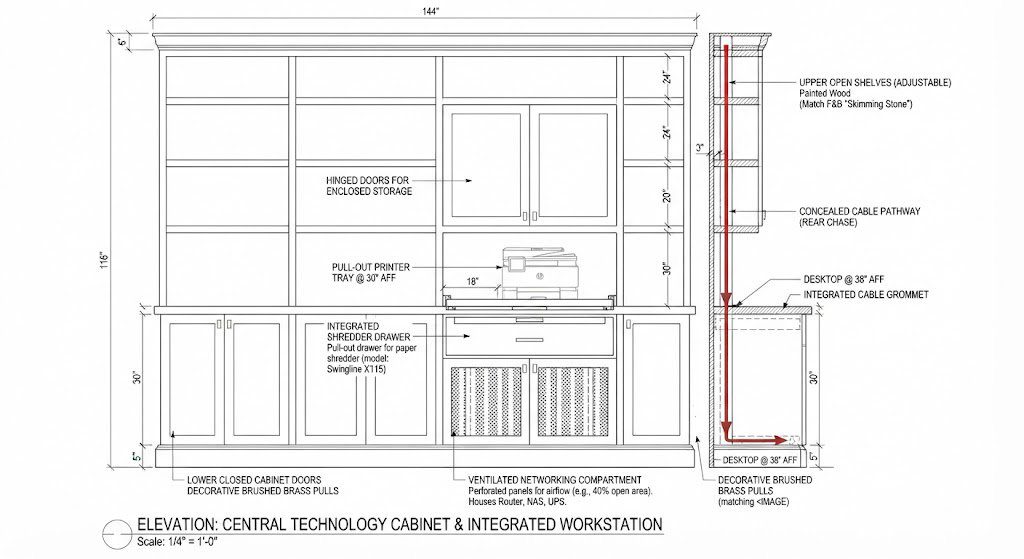 Elevation of home office built-in showing concealed printer, shredder, and networking cabinet