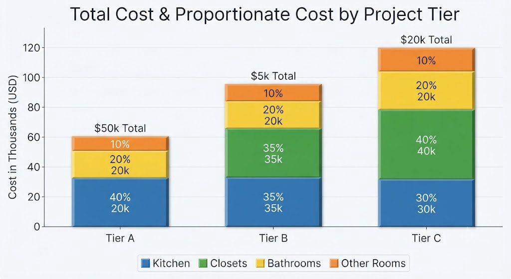 Bar chart comparing costs of three whole-home cabinetry projects at different tiers