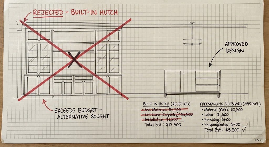 Sketch comparing cancelled built-in hutch and approved freestanding sideboard
