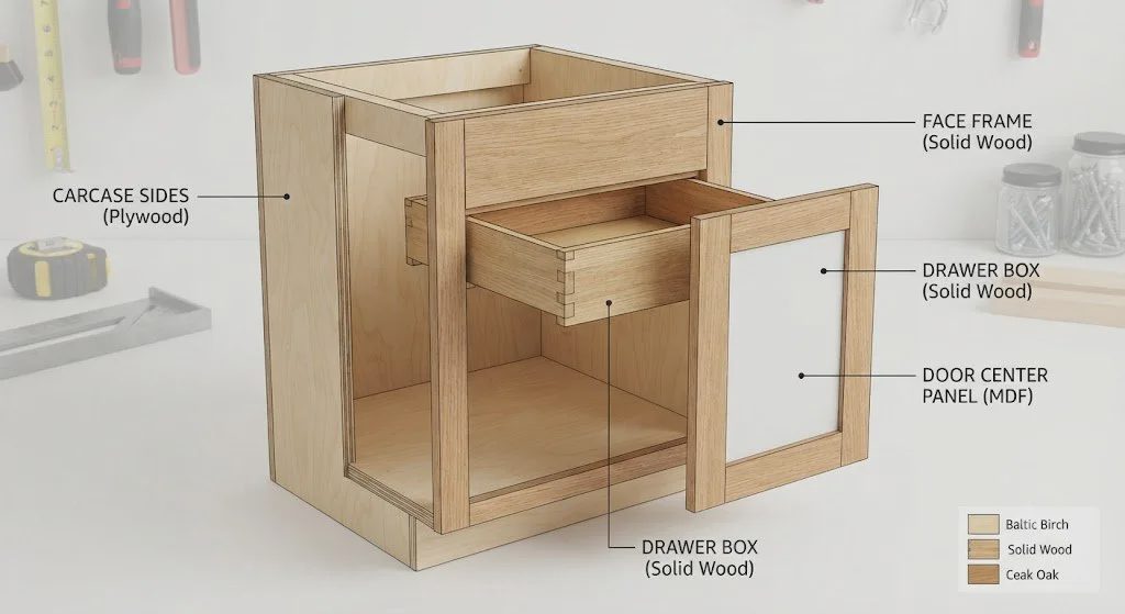  Cutaway diagram of a base cabinet with material labels for plywood, MDF, and solid wood