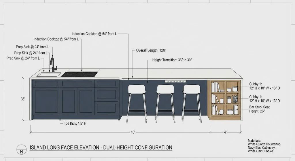 Elevation drawing of triple-duty kitchen island with prep, pantry, and homework zones